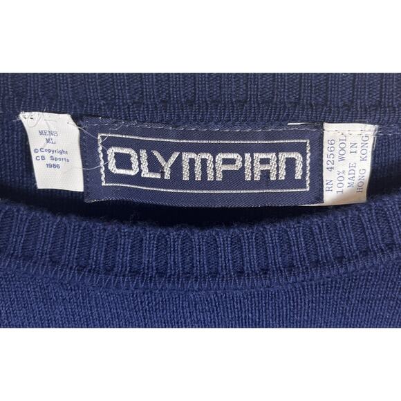 VTG 100% Wool 80s Olympian CB Sports Sweater Medium Ski Blue Red Crewneck Jumper - Picture 4 of 8